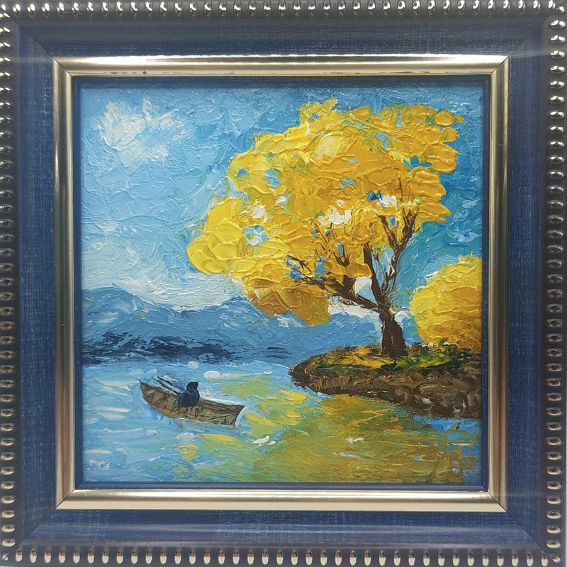 Original Oil Painting Framed Autumn Landscape Boat on Lake Yellow Tree 4*4