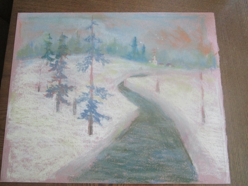 Original Pastel By Peg Humphreys, Snow Covered River to the Church 15.5″x 12.5″