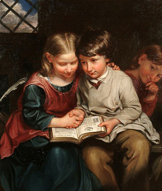 Oil painting portrait the best friends young girls boy reading story book canvas
