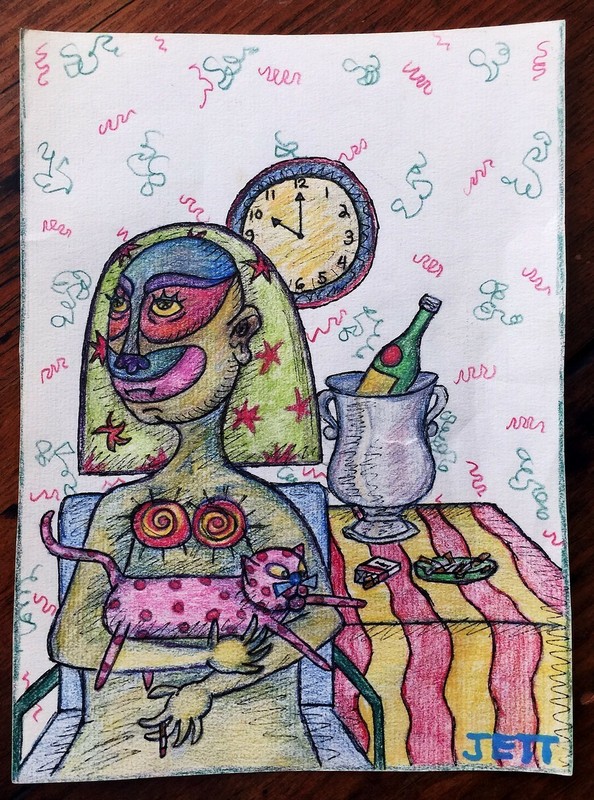 Jett Jackson Signed Painting Woman & Cat (Self Portrait ?) Loa Angeles Artist