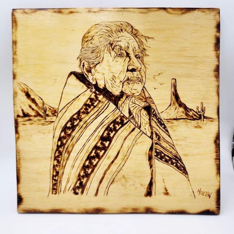 Vintage Native American Grandmother Wood Painting Burning Carving Hoehn 10×10″