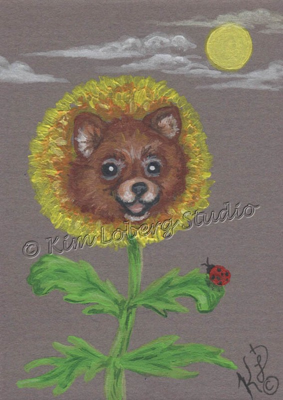 ACEO Original Pomeranian Dog Sun flower Bug Loberg tiny Fantasy Pet animal Art