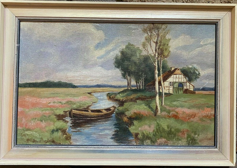 Oil Painting River in Field Landscape with House Manor Farm Cottage Style