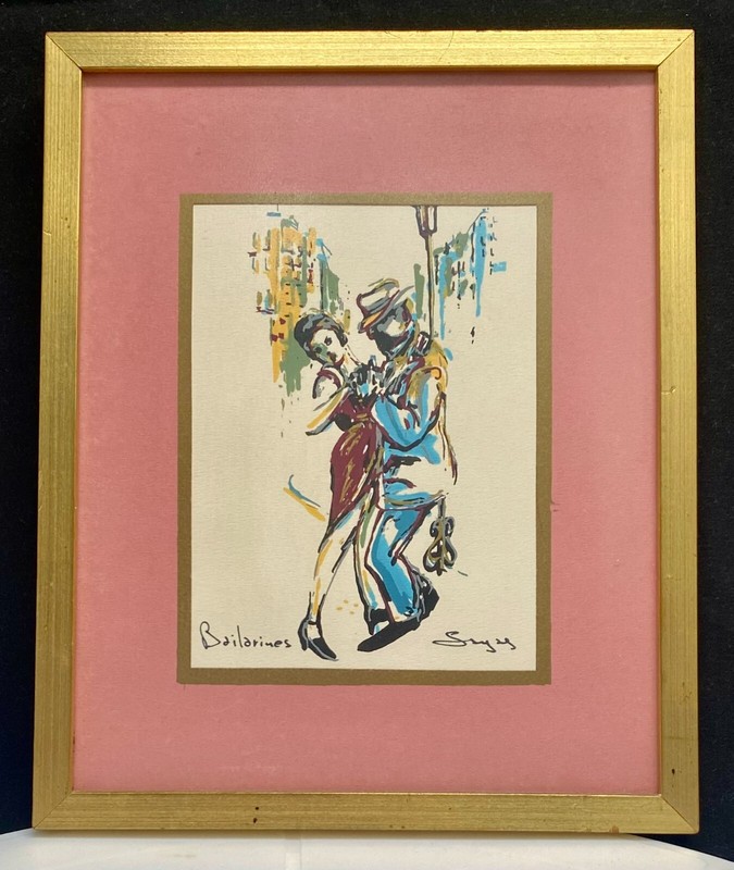 TANGO DANCERS CHINESE INK + WATERCOLOR ON CARDBOARD, FRAMED w/GLASS SIGNED c1965