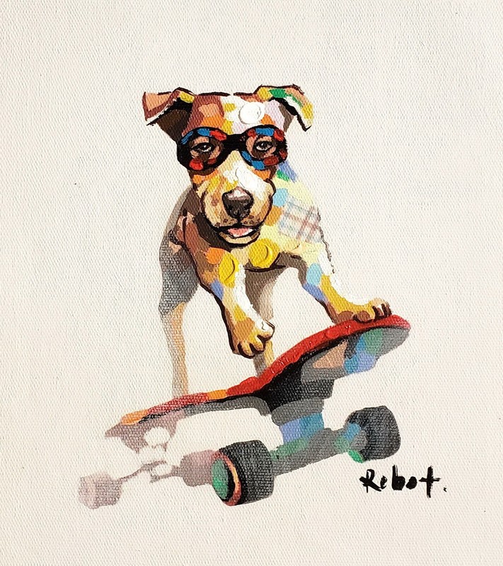Dog on Skateboard, 10×8 Hand painted on Giclee Canvas, Canvas-only
