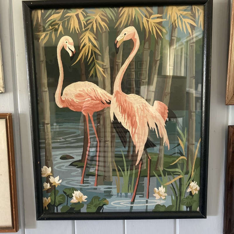 Vintage Flamingo Paint by Number MCM Kitsch Framed Wall Art Nature 21″ x 17″