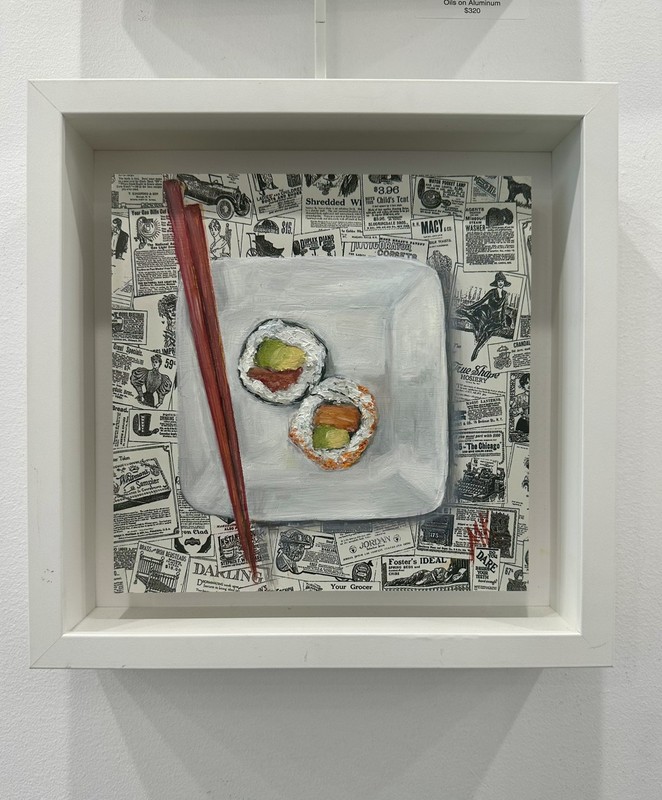 Original Sushi Painting Chopsticks Plate Newspaper Art Framed 3D Shadow Box Gift