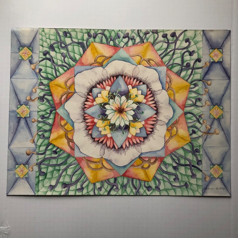 Vintage 1979 original WATERCOLOR MANDALA flower PAINTING signed J. BROWN beauty!