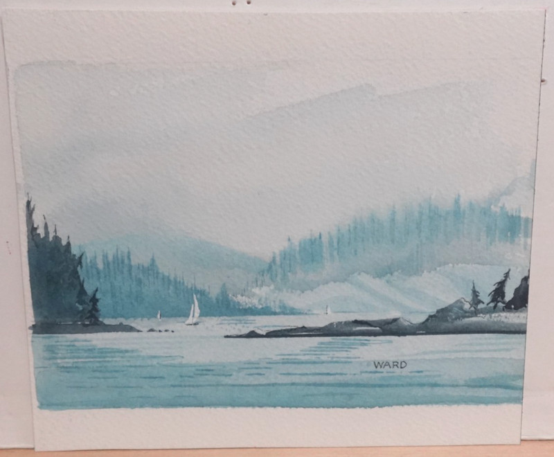PATTY WARD «PENDER ISLANDS FROM PREVOST» SMALL ORIGINAL WATERCOLOR PAINTING 1995