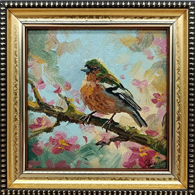Chaffinch Original Oil Painting 4×4 Framed Signed Spring Bird Blossom Tree Art