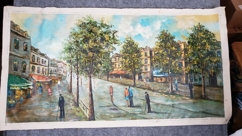 Oil Painting on Canvas Street Trees People Shops Cityscape Unframed 50″ X 27″