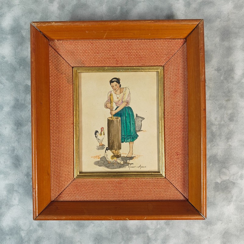 Noel Knight Adkin Signed Watercolor Vintage Framed Farm Girl w/ Chickens 12×11