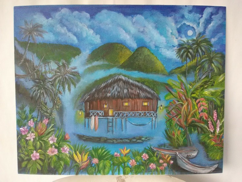 Original Acrylic Hand Painting 16x20 Bungalow Hut Jungle Hawaiian Wall Art gallery