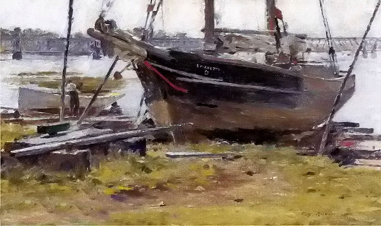 Ｏｉｌ　ｐａｉｎｔｉｎｇ theodore robinson – the e. m. j. betty ship by the river on canvas
