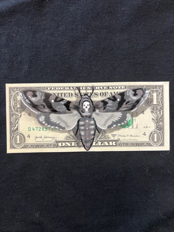 Death Moth 1 Dollar bill painting Tattoo Art Graffiti Art Street Art Original