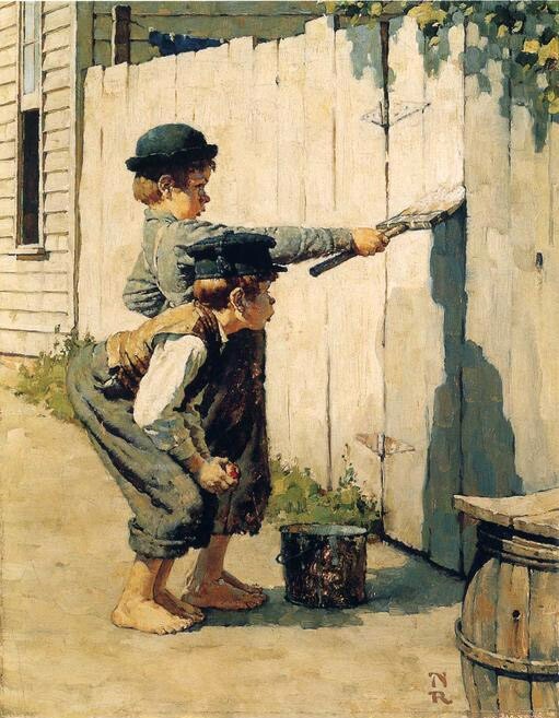 Oil painting Norman-Rockwell-Tom-Sawyer-Whitewashing-the-Fence- children boys