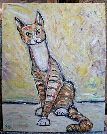 A TILTED CAT oil painting NEW 16×20 canvas art feline original signed CROWELL