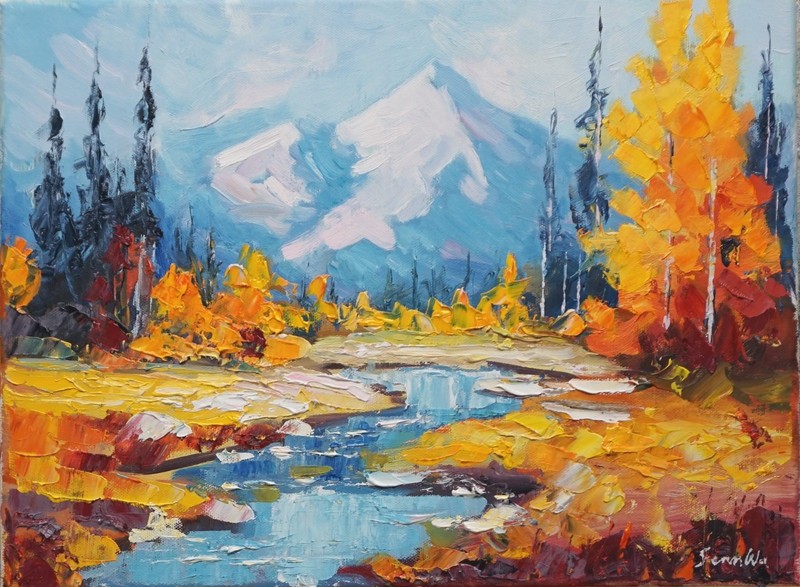 Sean Wu original oil painting, 12×16 on stretched canvas, fall stream