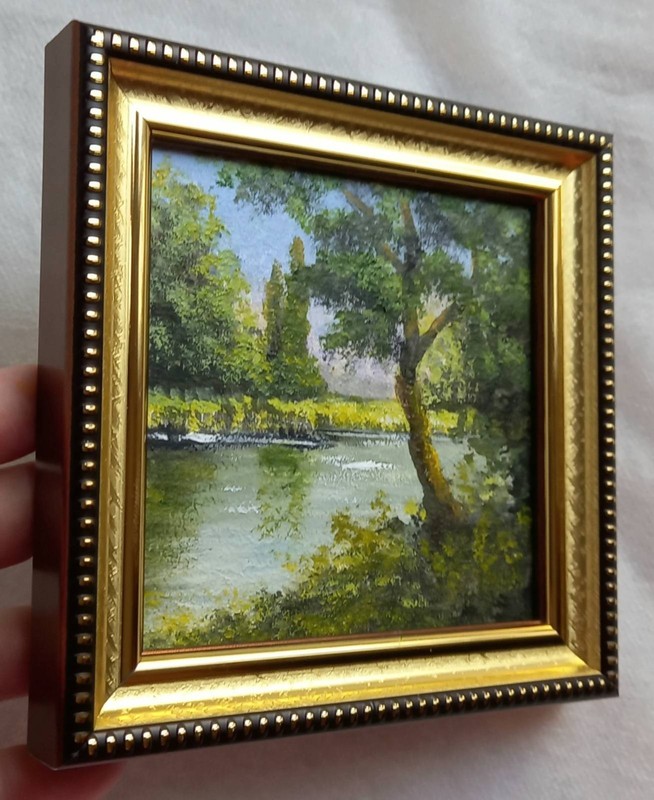 Original Oil Painting Landscape Summer Lake and Forest Framed Wall Art 4 x 4 in gallery