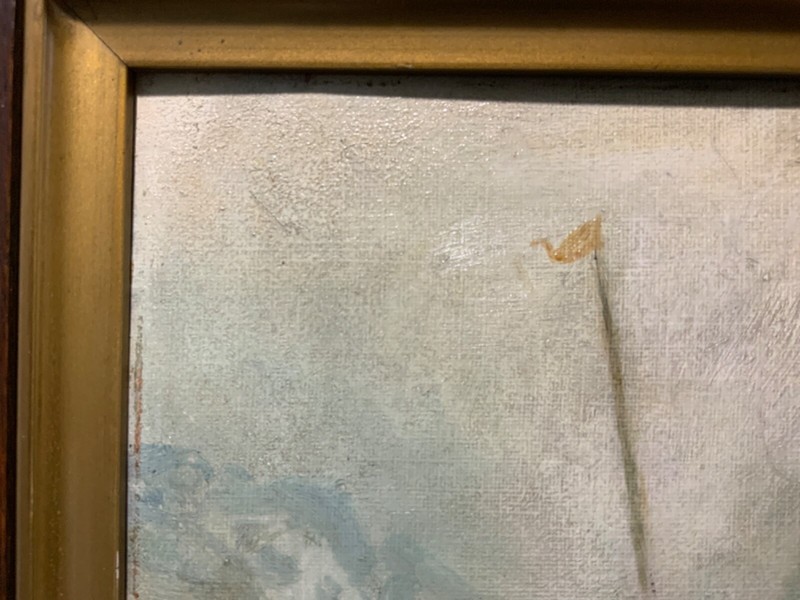 English Signed Oil Painting on Board Framed Harbor Scene Steam Fishing Boat 1918 gallery