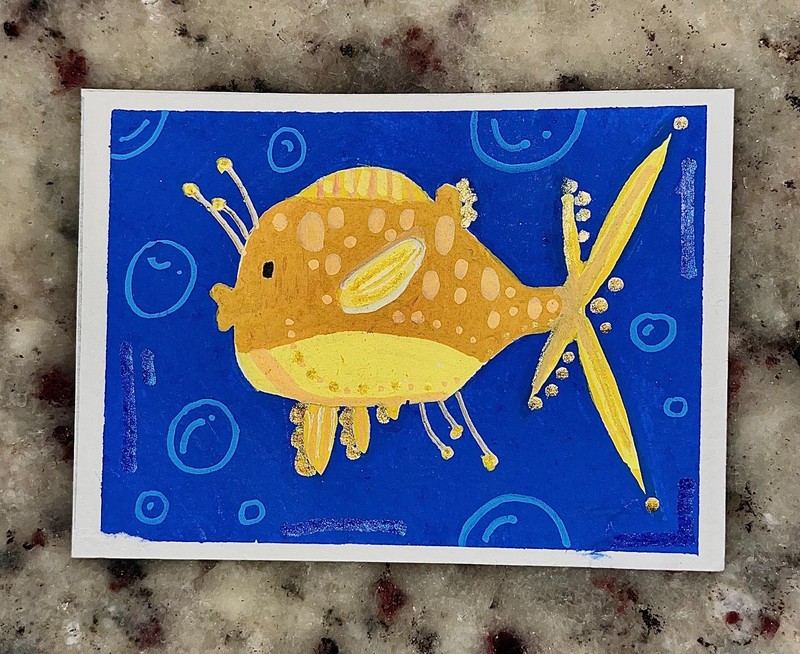 ACEO Original Acrylic Art Cards Fish Yellow Geometric Animal Marine Bubbles Nova