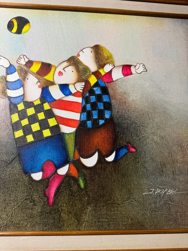 Joyce Roybal (b1955) "Children Playing Rugby Scene" Oil Painting - Signed/Framed gallery