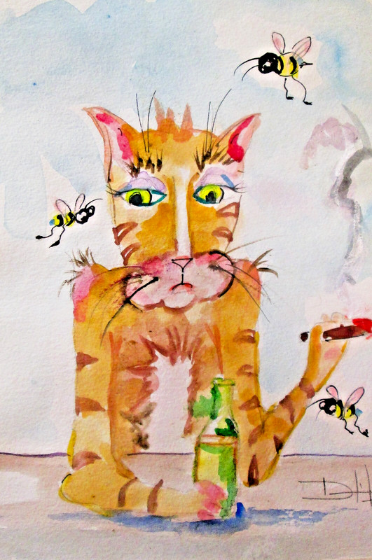 Delilah Cigar Cat beer impressionism bee watercolor collectible bar COA