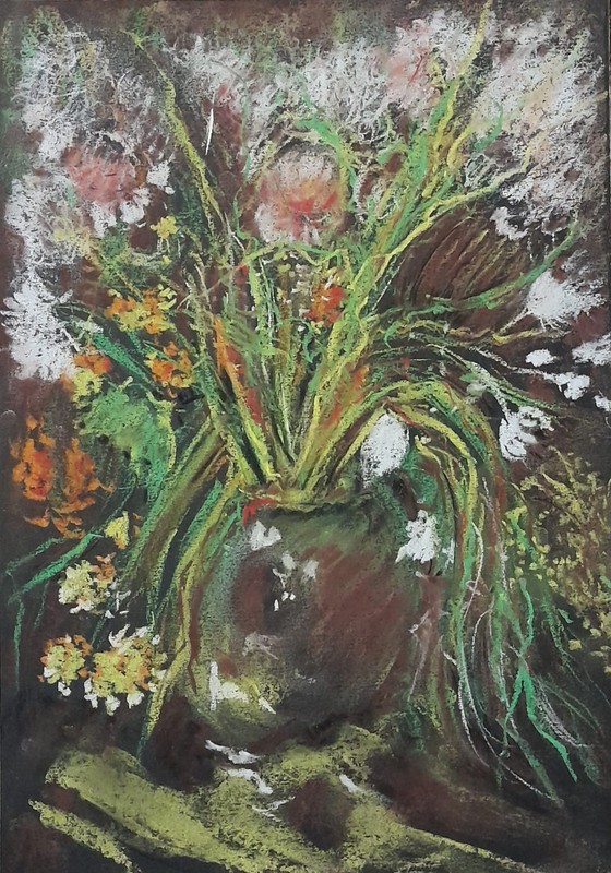 Original Green Earthy Rustic Floral Vase Dry Pastel Painting 8.3×11.4 in