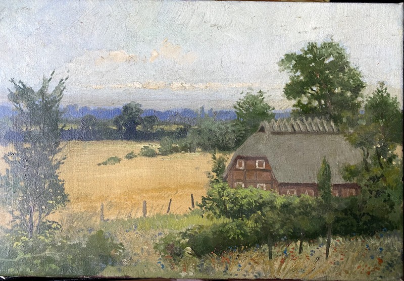 Oil Painting Farmhouse at The Coast North Sea Baltic Antique Kornfelder Country