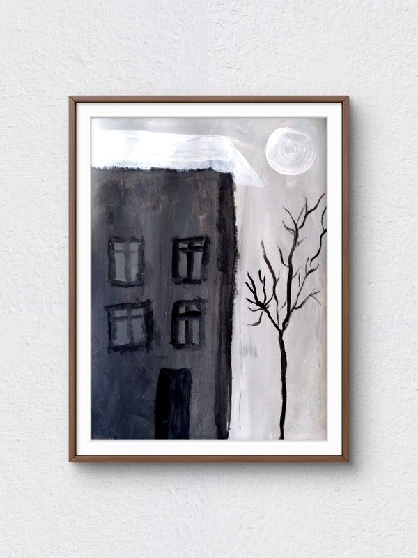Original Modern Black Gray House 9×12 Paper Acrylic Expressionism Wall Art