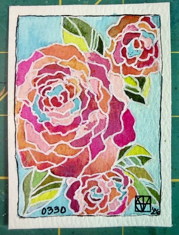 Painting by M. Hackney Roses Watercolor & Ink, Signed Original ACEO