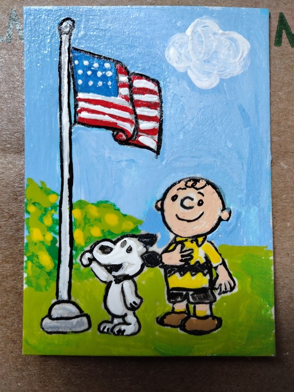 3.5″X2.5″ Artist Trading Card Snoopy&Charlie Salute Flag HAND PAINTED ACRYLIC