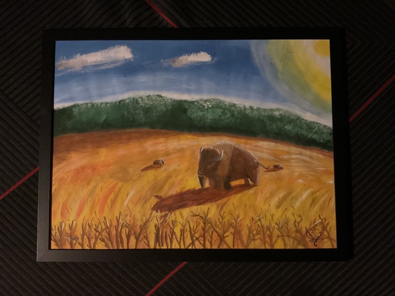 Original Buffalo on Prairie Painting Framed Western Bison OOAK Choctaw Nation