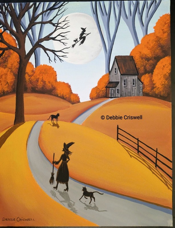 ORIGINAL PAINTING Folk Art Landscape Halloween Black Cat Witch Fly House Shack