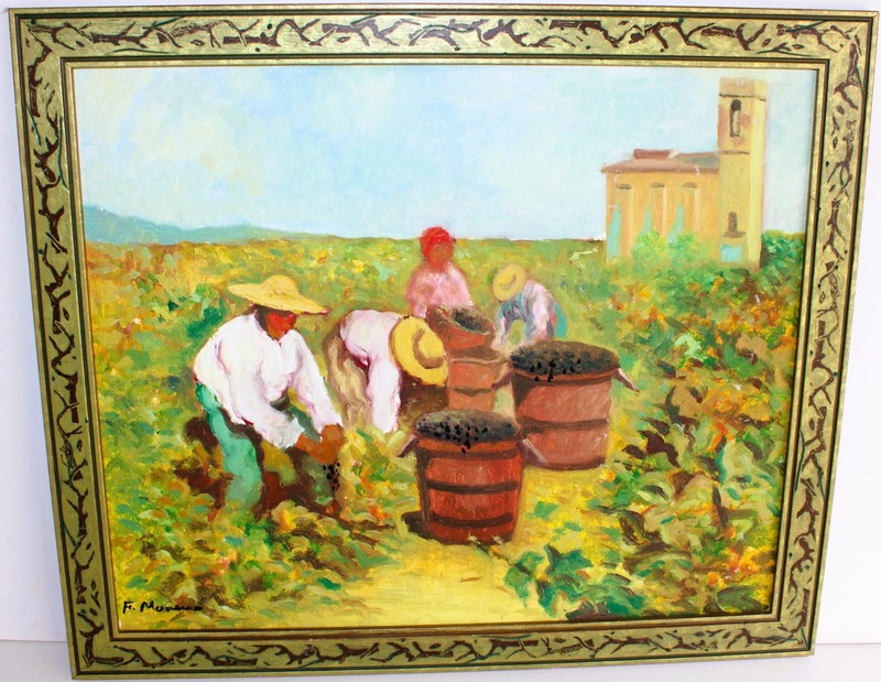 OIL PAINTING ON BOARD SIGNED F MORENO MODERN IMPRESSIONISM FIGURATIVO HARVEST gallery