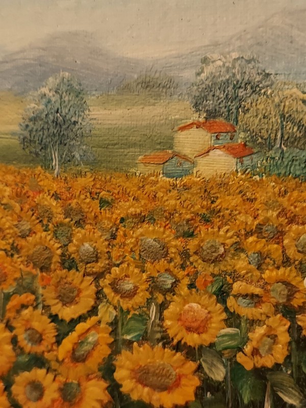 Vintage Oil Painting On Board 3D Textured Design Sunflower Field By C. Benolt gallery