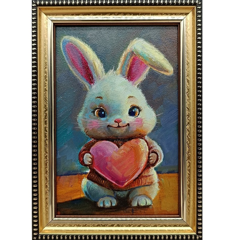 Bunny Heart Original Oil Painting 4×6 Framed Signed Cute Rabbit Baby Animal Art