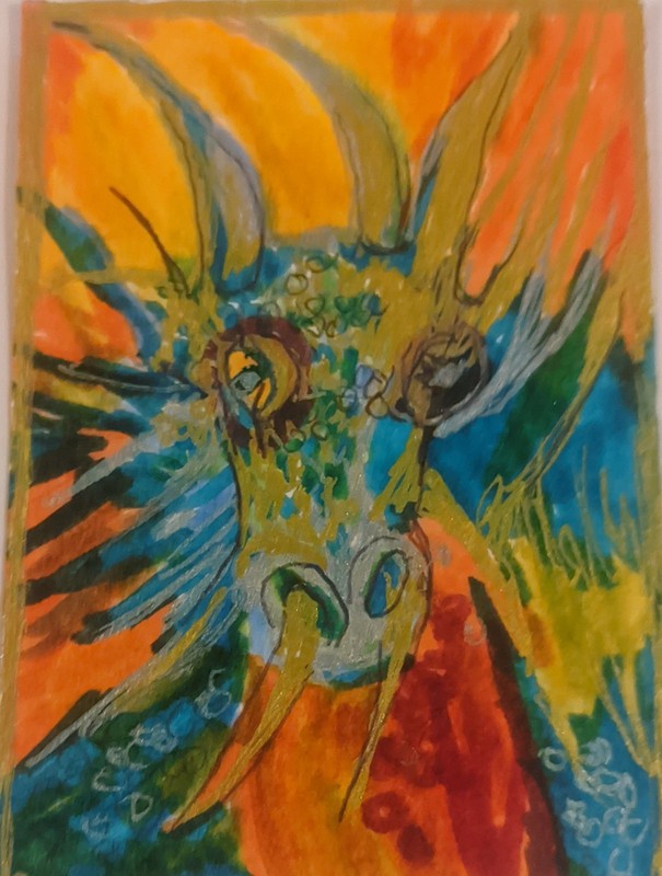 ACEO Original watercolor Painting markers gold /silver Signed Fiery Dragon