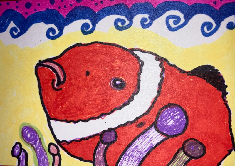 Original art Animal card, ACEO, dorisann1022, markers Clown Fish Ocean Coral