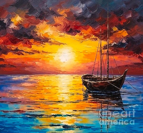 new handmade Painting on 14″*14″ canvas Boat at Vibrant Sunset 708 by Wendy
