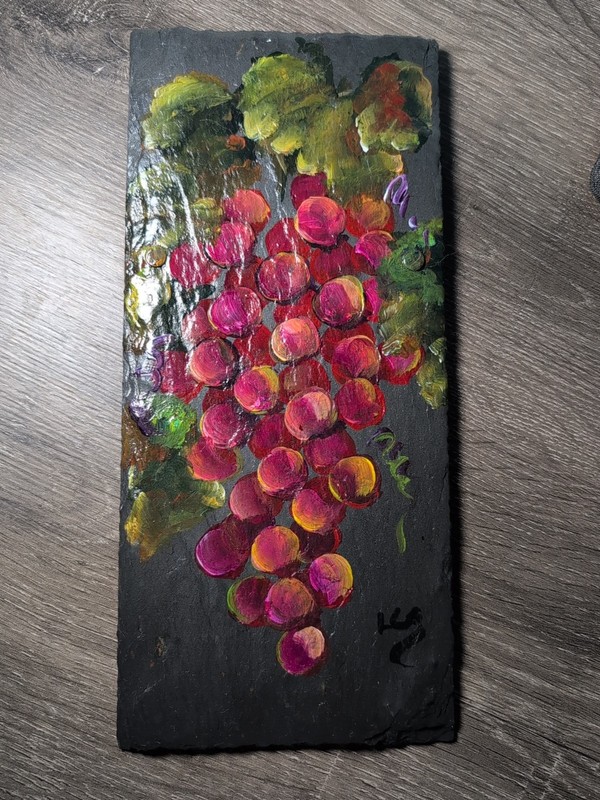 Grapes Hand Painted on Slate Tile Signed 10.5 X 4.75 in Art Work Linda Geiger