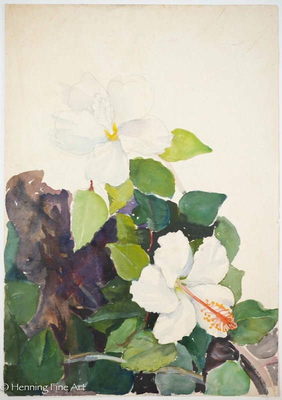 Beautiful Vintage Tropical Floral Painting of Blooming White Hibiscus, Fine!