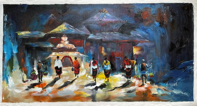 Pashupatinath Temple Acrylic Painting (18″ x 35″) – Handmade in Nepal (D4P25)