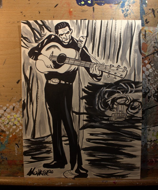 outsider art Johnny Cash «Big River» 9×12 acrylic on hard paper Mohler