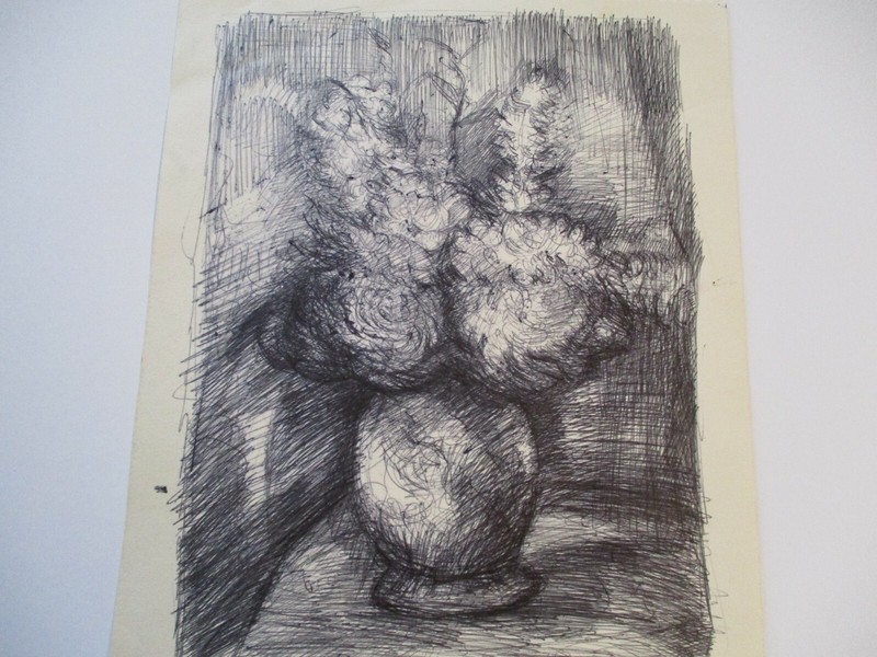 STANDISH COLECTION DRAWING STILL LIFE FLORAL FLOWERS EXPRESSIONISM MID CENTURY gallery