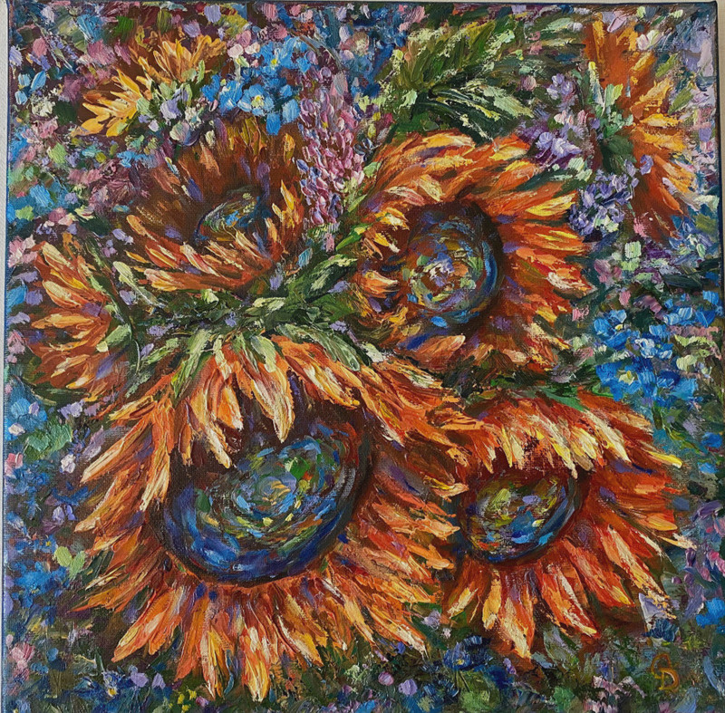ORIGINAL OIL Painting SUN FLOWERS impasto 12″x 12″ by Olga Diduh.