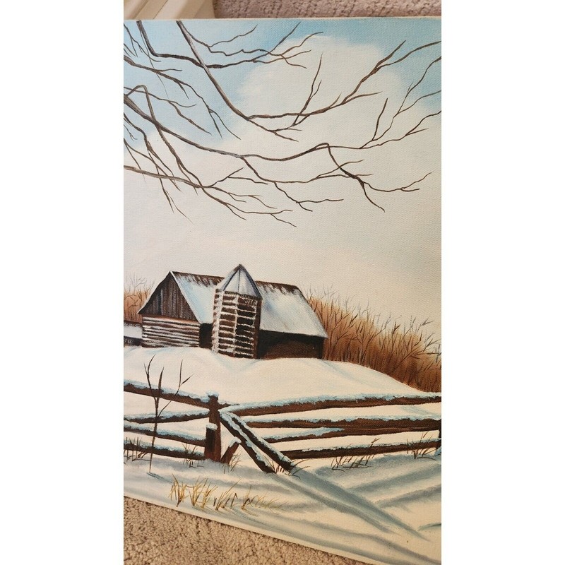 2 Vintage Acrylic Art PAINTING On Canvas Countryside LANDSCAPE Winter