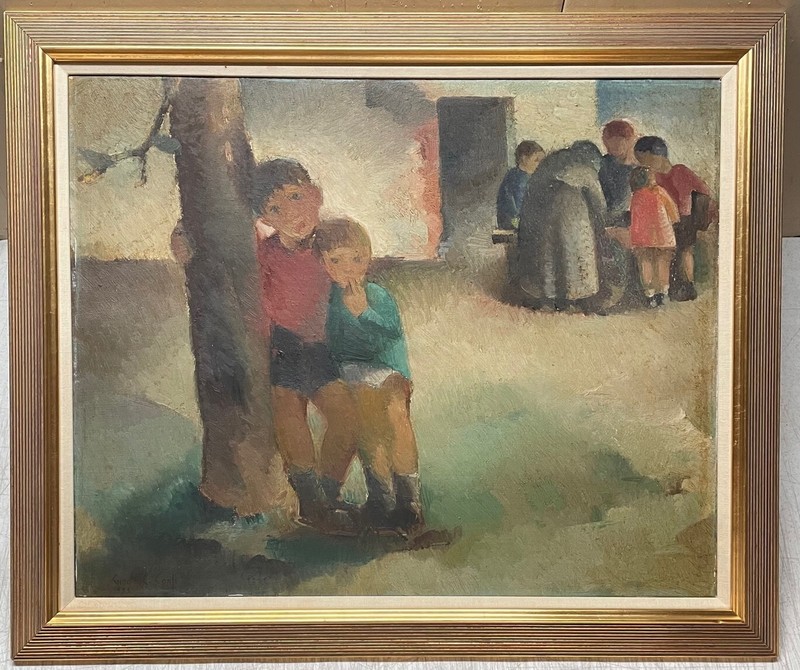 Original 1933 GINO CONTI ‘Children at a Park’ WPA Social Realist OIL PAINTING