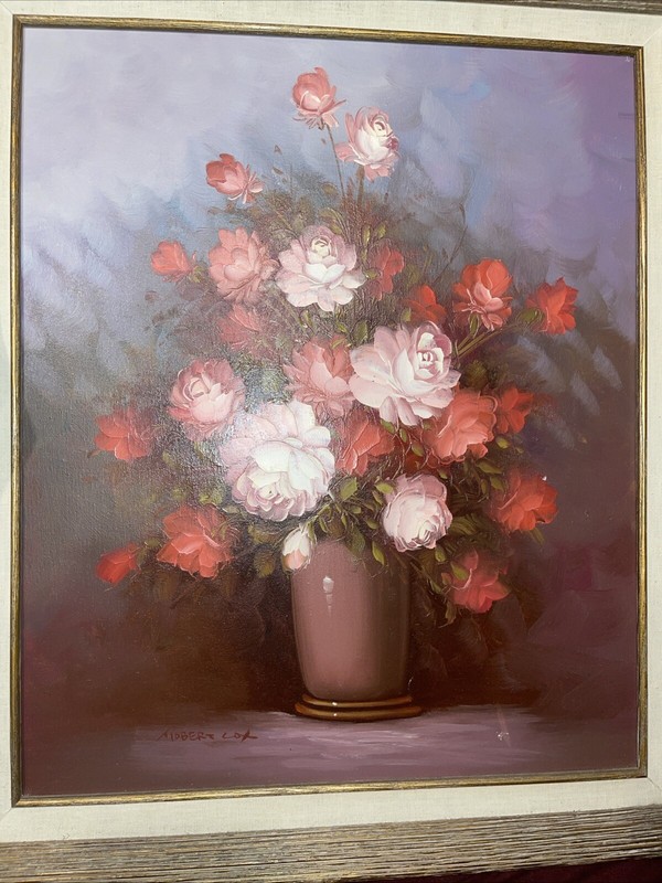 ROBERT COX ORIGINAL OIL ON CANVAS FLOWERS IN VASE LARGE PAINTING FRAMED