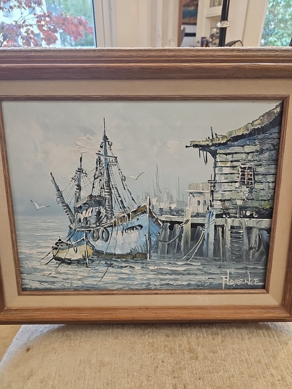 FLORENCE FISHING BOAT AT DOCK ORIGINAL OIL CANVAS SEASCAPE PAINTING FRAMED gallery